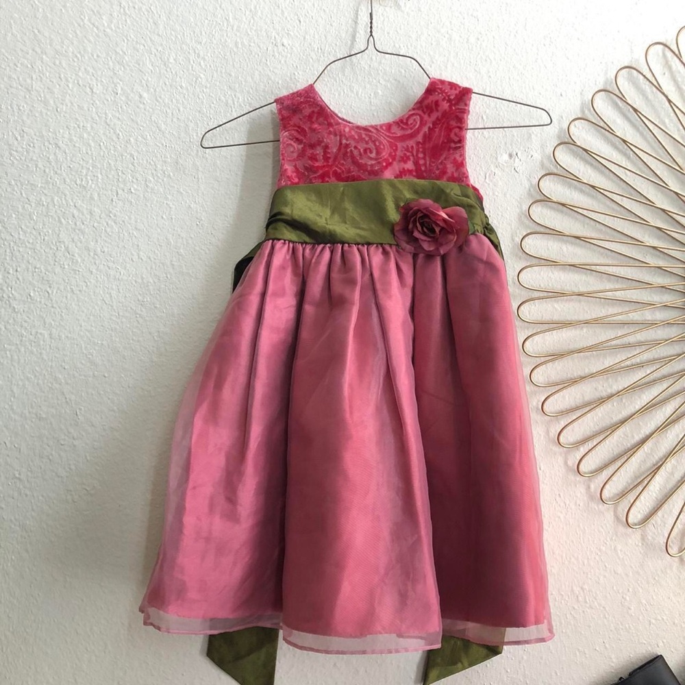 Pink green kids girls princess fairy babydoll fit flare aline dress w/rose belt